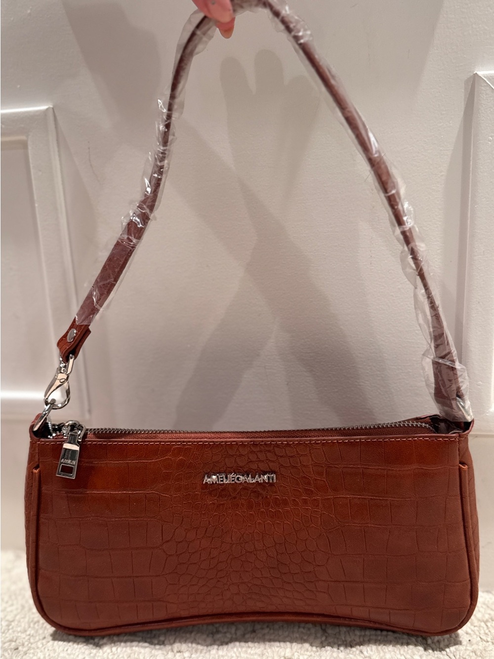 Brown Croc Embossed Baguette Shoulder Bag NWT